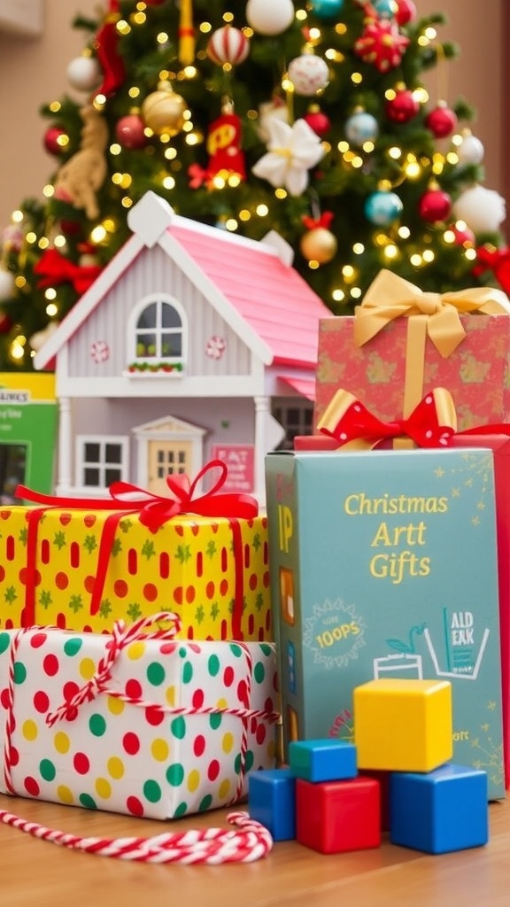 A collection of Christmas gifts for a young girl, including toys and art supplies, under a Christmas tree.